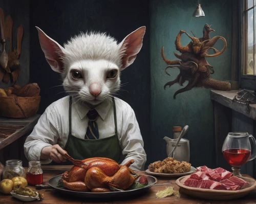 anthropomorphized animals,waiting staff,caterer,whimsical animals,appetite,domestic animal,dinner party,surrealism,dining,watchmaker,waiter,dinner,omnivore,spoon-billed,epicure,delicatessen,peterbald,diner,sci fiction illustration,breakfast table,Illustration,Realistic Fantasy,Realistic Fantasy 07