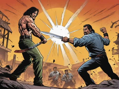machete,sword fighting,duel,swordsmen,siam fighter,spear,action film,warrior and orc,throwing axe,marine corps martial arts program,martial arts,jeet kune do,wolverine,fighter destruction,cover,kickboxer,clash,confrontation,swordsman,fight,Illustration,American Style,American Style 13