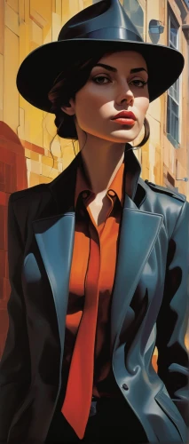 art deco woman,the hat-female,black hat,woman in menswear,panama hat,the hat of the woman,cigarette girl,the girl at the station,woman's hat,trilby,fashion illustration,retro woman,pork-pie hat,retro women,woman at cafe,policewoman,ann margarett-hollywood,hat retro,bowler hat,oil painting on canvas,Art,Artistic Painting,Artistic Painting 34