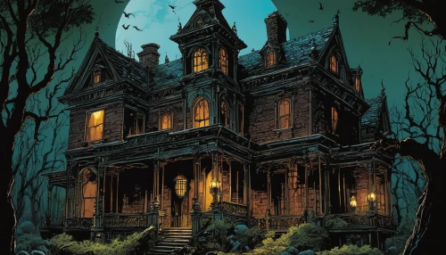 the haunted house,witch's house,haunted house,witch house,haunted castle,ghost castle,halloween poster,victorian house,creepy house,halloween scene,house in the forest,the house,victorian,haunted cathedral,apartment house,house number 1,halloween and horror,brownstone,two story house,magic castle,Illustration,American Style,American Style 02