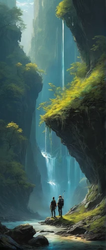 fantasy landscape,guards of the canyon,futuristic landscape,fallen giants valley,fjord,canyon,karst landscape,glacier cave,sea caves,exploration,travelers,waterfall,cave on the water,ice cave,cave,green waterfall,blue cave,cliffs,water fall,high landscape,Conceptual Art,Fantasy,Fantasy 12