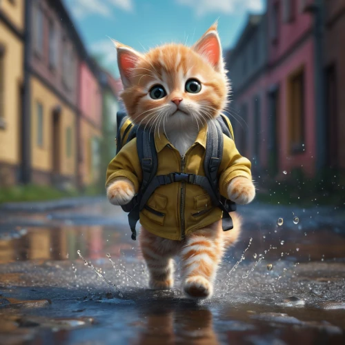 walking in the rain,raincoat,rain suit,street cat,rain cats and dogs,cartoon cat,in the rain,ginger kitten,ginger cat,fox in the rain,cute cat,rainy day,rainy,rescue alley,cute cartoon character,rainy weather,raining,red tabby,rainy season,rain pants,Photography,General,Fantasy