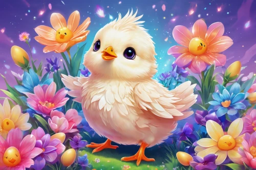 spring background,springtime background,easter chick,flower and bird illustration,easter background,spring bird,flower background,easter theme,floral background,baby chick,flower animal,easter card,duckling,easter goose,bird painting,children's background,ducky,duck cub,chick,spring greeting,Illustration,Realistic Fantasy,Realistic Fantasy 20