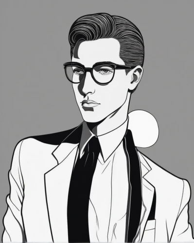 gentleman icons,pompadour,60's icon,50's style,spy visual,vector illustration,suit,fashion vector,beatnik,vector art,tony stark,men's suit,elvis,male poses for drawing,twitch icon,retro 1950's clip art,rockabilly style,suit actor,spotify icon,spy,Illustration,Black and White,Black and White 18