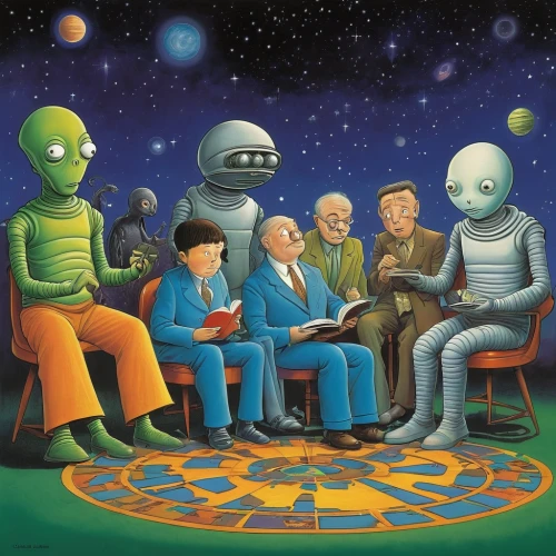 men sitting,astronomers,non-human beings,musicians,extraterrestrial life,mediation,science-fiction,sci fiction illustration,science fiction,copernican world system,aliens,group of people,alien invasion,a meeting,astronauts,the universe,humans,scene cosmic,round table,the listening,Illustration,Black and White,Black and White 22