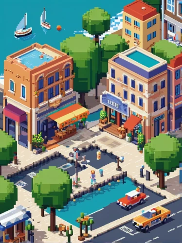 seaside resort,resort town,city blocks,harbor,colorful city,seaport,waterfront,port,pixel art,the waterfront,docks,facebook pixel,seaside country,marketplace,rescue alley,collected game assets,apartment complex,business district,restaurants,isometric,Unique,Pixel,Pixel 01