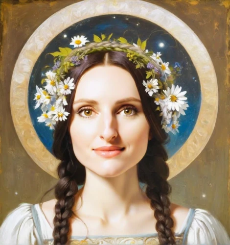 flower crown of christ,marguerite,girl in flowers,marguerite daisy,mona lisa,portrait of a girl,mary-gold,white daisies,beautiful girl with flowers,daisies,the angel with the veronica veil,girl in a wreath,portrait of christi,virgo,aubrietien,daisy flowers,milkmaid,mystical portrait of a girl,fantasy portrait,the mona lisa