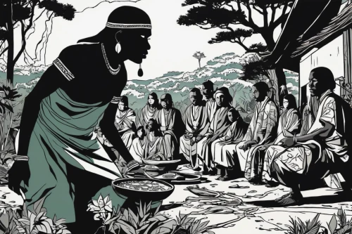 biblical narrative characters,holy supper,soup kitchen,aborigines,afar tribe,anmatjere women,genesis land in jerusalem,woman at the well,palm sunday,permaculture,fetching water,rwanda,disciples,snake charmers,christ feast,palm sunday scripture,contemporary witnesses,the death of socrates,african culture,twelve apostle,Illustration,Vector,Vector 11