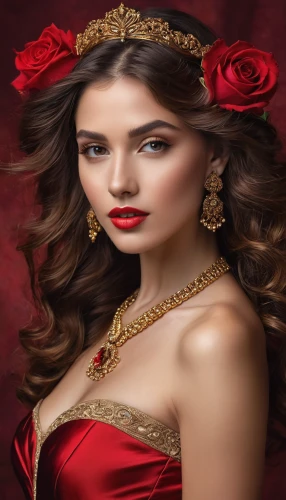 bridal jewelry,bridal accessory,gold jewelry,diadem,red rose,red roses,miss circassian,queen of hearts,lady in red,romantic look,black-red gold,yemeni,gold foil crown,romantic portrait,image manipulation,thracian,gold crown,red gown,jewellery,indian bride,Photography,General,Natural