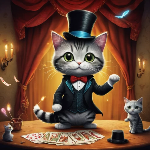 magician,ringmaster,poker,tea party cat,gambler,aristocrat,dice poker,magic tricks,playing card,game illustration,collectible card game,card game,playing cards,blackjack,play cards,figaro,hatter,card games,abracadabra,fortune teller,Illustration,Abstract Fantasy,Abstract Fantasy 01