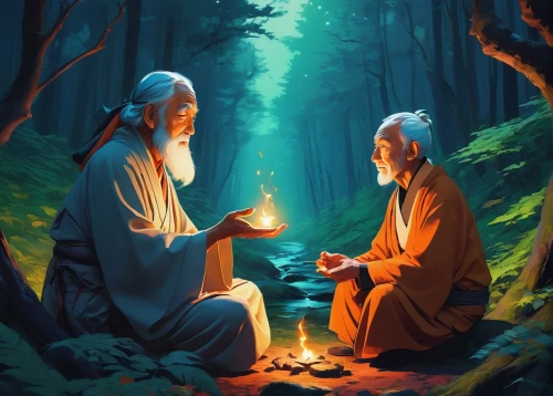 monks,buddhists monks,druids,buddhists,campfire,buddha's birthday,theravada buddhism,candlemas,wise men,game illustration,chinese art,holy forest,fourth advent,three wise men,sacred art,offering,connectedness,campfires,exchange of ideas,third advent,Conceptual Art,Fantasy,Fantasy 19