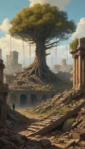 ancient city,ancient,ruins,ancient buildings,the ancient world,fig tree,tree of life,old earth,bodhi tree,ruin,old tree,the ruins of the,post-apocalyptic landscape,ancient house,fantasy landscape,flourishing tree,ancient rome,roots,meteora,dragon tree,Illustration,Realistic Fantasy,Realistic Fantasy 28