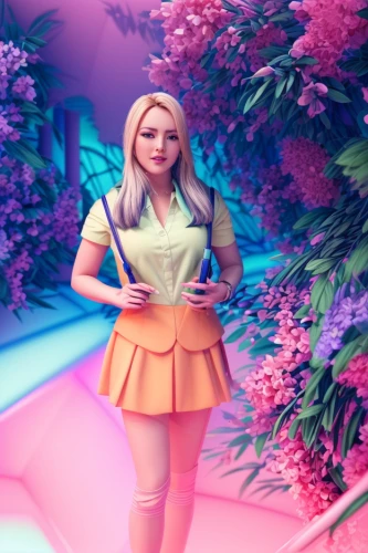 3d render,barbie,3d background,3d rendered,3d fantasy,background ivy,spring background,rosa ' amber cover,3d figure,3d model,barbie doll,rosa 'the fairy,springtime background,flower background,candy island girl,low poly,rosa ' the fairy,japanese sakura background,low-poly,color background