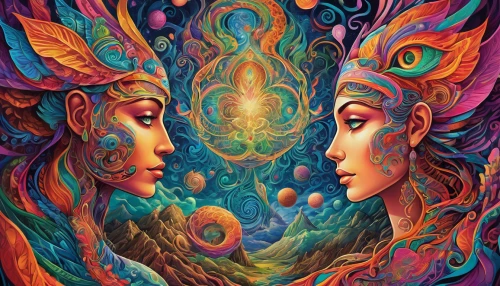 psychedelic art,mirror of souls,connectedness,polarity,meridians,global oneness,colorful tree of life,self unity,harmonious,intertwined,duality,all forms of love,fractals art,into each other,parallel worlds,shamanism,gemini,dualism,two people,shamanic,Illustration,Realistic Fantasy,Realistic Fantasy 39