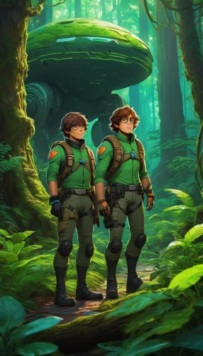 forest workers,guards of the canyon,scouts,forest mushrooms,pathfinders,hikers,frog background,patrol,sea scouts,game illustration,cartoon forest,pines,tree frogs,chinese tree chipmunks,cartoon video game background,boy scouts,elves,patrols,rescuers,green forest,Art,Classical Oil Painting,Classical Oil Painting 16