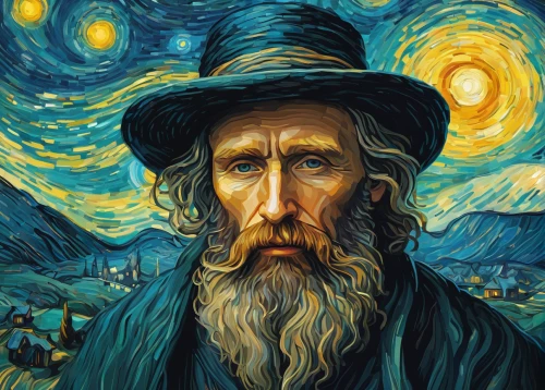 vincent van gough,vincent van gogh,rabbi,leonardo devinci,post impressionism,version john the fisherman,pilgrim,starry night,leonardo da vinci,abraham,self-portrait,the wizard,jewish,tzimmes,lokportrait,portrait background,elderly man,wizard,mitzvah,astronomer,Art,Artistic Painting,Artistic Painting 03