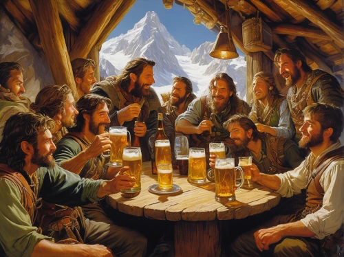 the production of the beer,bavarian dinner,rathauskeller,drinking party,holy supper,beer tent,dwarves,beer tent set,gnomes at table,fädelspiel,drinking establishment,germanic tribes,oktoberfest celebrations,beer,beers,bavarian swabia,glasses of beer,beer garden,apfelwein,tavern,Illustration,Realistic Fantasy,Realistic Fantasy 03