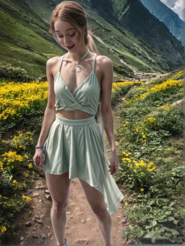 hiking,girl in flowers,springtime background,woman walking,digital compositing,hike,hiker,spring background,mountain hiking,girl walking away,female runner,lindsey stirling,heidi country,the hills,girl picking flowers,girl in the garden,fantasy picture,trekking,ronda,landscape background
