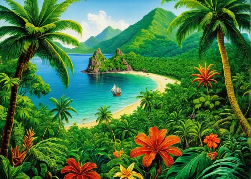 tahiti,tropical sea,tropical island,hawaii,luau,polynesia,tropical beach,south pacific,beach landscape,an island far away landscape,molokai,samoa,coconut trees,aloha,tropical floral background,french polynesia,tropical bloom,tropics,coastal landscape,tropical flowers,Illustration,Retro,Retro 24