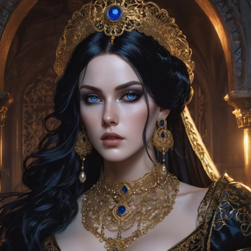 gold jewelry,cleopatra,fantasy portrait,diadem,artemisia,blue enchantress,jewelry,priestess,gold crown,golden crown,fantasy art,queen of the night,gold filigree,dark blue and gold,jeweled,gothic portrait,gift of jewelry,ornate,jewellery,venetia,Illustration,Realistic Fantasy,Realistic Fantasy 46