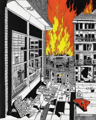 home destruction,city in flames,fire disaster,burning house,fire land,the conflagration,post-apocalypse,fire damage,conflagration,newspaper fire,fire alarm system,destroyed city,fire-extinguishing system,fire escape,explosion destroy,kitchen fire,war zone,apocalyptic,fire safety,explode,Illustration,Black and White,Black and White 17
