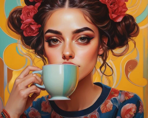 woman drinking coffee,floral with cappuccino,coffee tea illustration,woman at cafe,espresso,cappuccino,coffee background,boho art,girl with cereal bowl,girl portrait,a cup of coffee,coffee art,drinking coffee,cup of coffee,neon coffee,coffee tea drawing,café au lait,barista,holding cup,oil painting on canvas,Conceptual Art,Daily,Daily 15