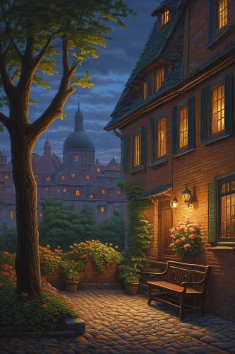 evening atmosphere,french digital background,summer evening,dusk background,in the evening,night scene,bremen,apartment house,paris balcony,romantic scene,quebec,home landscape,the evening light,strasbourg,cobblestone,montmartre,alsace,paris,dusk,townhouses,Illustration,Realistic Fantasy,Realistic Fantasy 27