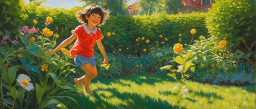 girl in the garden,girl picking flowers,girl in flowers,little girl running,flower painting,yellow garden,in the garden,girl and boy outdoor,picking flowers,gardener,oil painting,flower garden,child in park,girl walking away,towards the garden,woman walking,springtime background,meadow in pastel,work in the garden,oil painting on canvas,Illustration,Realistic Fantasy,Realistic Fantasy 03