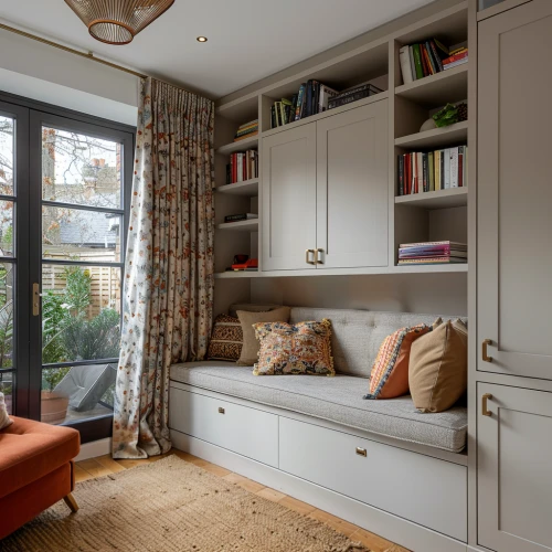 bookcase,sitting room,bookshelves,shabby-chic,one-room,contemporary decor,danish room,shabby chic,bay window,great room,writing desk,sash window,window treatment,guestroom,interiors,modern room,hinged doors,shared apartment,reading room,cabinetry