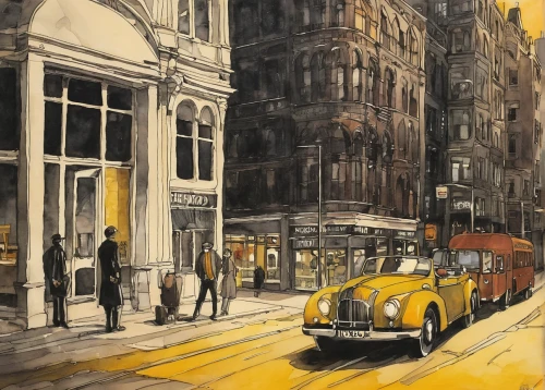 david bates,yellow taxi,routemaster,yellow car,trolleybuses,street scene,old street,street car,vintage drawing,1952,austin 7,monarch online london,1926,streetcar,1929,morris minor,old avenue,1940,1920s,1925,Illustration,Paper based,Paper Based 22