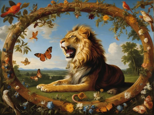 forest king lion,king of the jungle,mirror in the meadow,lion,panthera leo,lion number,two lion,to roar,lion - feline,fauna,lion father,african lion,lions,animalia,roar,male lions,male lion,circle of life,lion white,gatekeeper (butterfly),Art,Classical Oil Painting,Classical Oil Painting 37