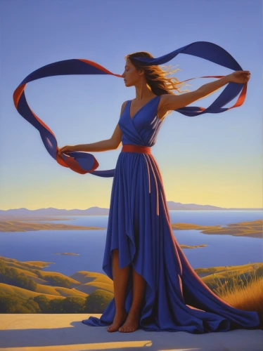 little girl in wind,girl on the dune,girl in a long dress,the wind from the sea,wind,wind wave,twirl,whirling,winds,blue ribbon,oil painting on canvas,woman of straw,gracefulness,rope (rhythmic gymnastics),hoop (rhythmic gymnastics),oil painting,mystical portrait of a girl,twirls,wind edge,wind warrior,Conceptual Art,Daily,Daily 27
