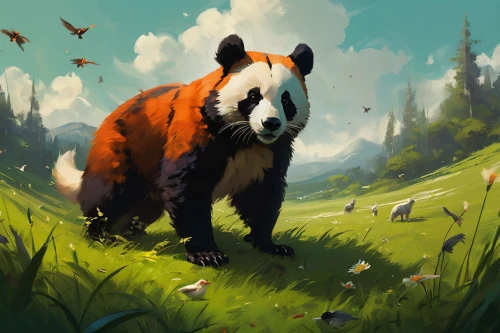 red panda,giant panda,panda,little panda,chinese panda,badger,panda bear,world digital painting,woodland animals,whimsical animals,forest animal,pandabear,panda cub,pandas,digital painting,bamboo,wander,chestnut tiger,anthropomorphized animals,cub,Conceptual Art,Fantasy,Fantasy 06
