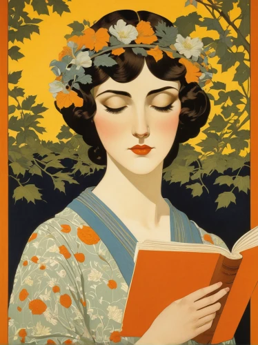 vintage illustration,travel poster,art deco woman,women's novels,girl in a wreath,vintage books,book illustration,vintage french postcard,book cover,vintage botanical,girl in flowers,orange blossom,vintage print,readers,mystery book cover,charlotte cushman,vintage post card,publish a book online,barbara millicent roberts,reading,Illustration,Retro,Retro 15