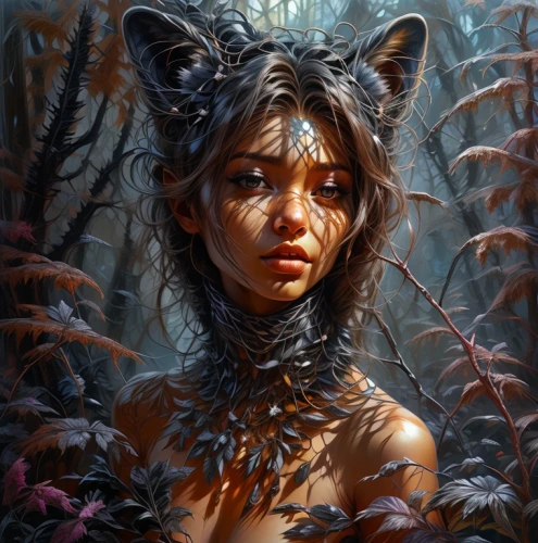 fantasy portrait,dryad,feral,faun,fantasy art,undergrowth,faerie,faery,mystical portrait of a girl,feral cat,the enchantress,wild cat,feline,huntress,forest animal,shamanic,fawns,fantasy picture,fawn,woodland animals