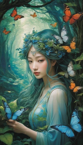 water nymph,faerie,faery,fairy peacock,blue butterflies,fae,fantasy portrait,flower fairy,mystical portrait of a girl,fairy world,ulysses butterfly,flora,fairy forest,fantasy picture,girl in the garden,fantasy art,rusalka,water lotus,fairy,butterfly background,Illustration,Japanese style,Japanese Style 18