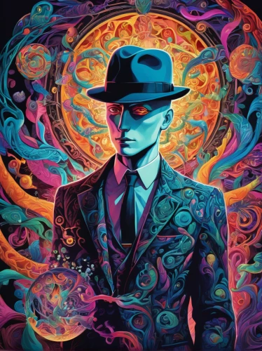 psychedelic art,magician,dr. manhattan,rorschach,gentleman icons,hatter,fedora,the collector,frank sinatra,mafia,matrix,top hat,atom,psychedelic,detective,bowler hat,masquerade,dali,persona,tesla,Illustration,Realistic Fantasy,Realistic Fantasy 39