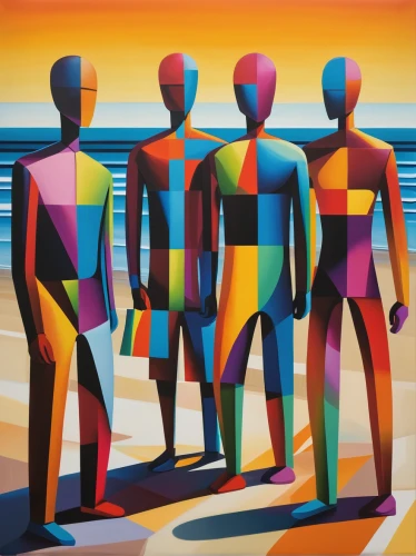 figure group,group of people,rainbow jazz silhouettes,people on beach,collective,self unity,mannequins,wooden figures,island group,multicolor faces,social distancing,group think,harmony of color,color blocks,social distance,travelers,group,colourful pencils,human chain,multicolour,Art,Artistic Painting,Artistic Painting 34