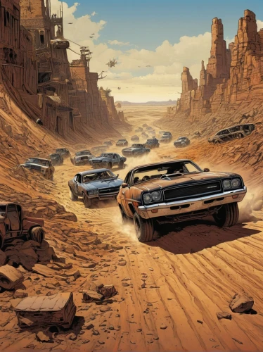street canyon,muscle car cartoon,american muscle cars,desert racing,plymouth road runner,desert run,desert safari,dodge challenger,vanishing point,radiator springs racers,cars cemetry,sand road,dodge charger,arid landscape,old cars,chevrolet impala,canyon,route 66,route66,car cemetery,Illustration,American Style,American Style 04