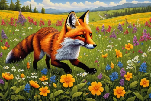 garden-fox tail,springtime background,red fox,flower painting,vulpes vulpes,a fox,colored pencil background,spring background,fox hunting,fox,flower meadow,flower animal,flower background,redfox,little fox,flower field,fauna,cute fox,wildflower meadow,fox stacked animals,Conceptual Art,Daily,Daily 33