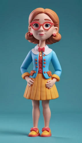 agnes,barb,3d model,3d figure,rockabella,cute cartoon character,stylized macaron,the beach pearl,female doll,3d render,disney character,clay doll,a girl in a dress,redhead doll,retro cartoon people,pippi longstocking,clay animation,television character,penny,fashion doll,Unique,3D,Clay