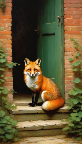garden-fox tail,a fox,red fox,fox,redfox,foxes,fox stacked animals,cute fox,child fox,south american gray fox,swift fox,fox hunting,little fox,adorable fox,vulpes vulpes,firefox,anthropomorphized animals,kit fox,home door,red panda,Art,Classical Oil Painting,Classical Oil Painting 44
