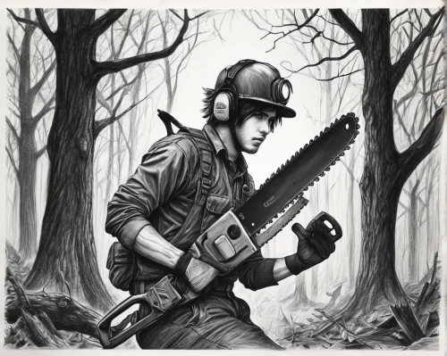 chainsaw,guitar player,banjo player,woodsman,guitarist,itinerant musician,guitar,musician,deforested,guitar solo,slide guitar,banjo guitar,firefighter,guitor,forest workers,arborist,cavaquinho,banjo,concert guitar,painted guitar,Illustration,Black and White,Black and White 30