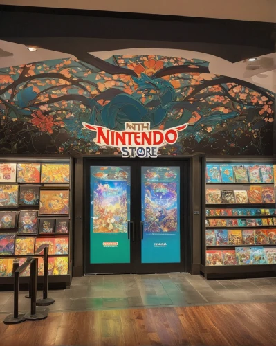 switch cabinet,a museum exhibit,nintendo,nintendo switch,store front,game room,store window,display panel,display case,game bank,nes,nintendo entertainment system,product display,nintendo 3ds,yo-kai,storefront,gift shop,gamestop,store,road trip target,Illustration,Retro,Retro 03
