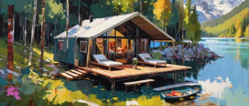 summer cottage,cottage,house with lake,houseboat,small cabin,house by the water,floating huts,summer house,the cabin in the mountains,boathouse,boat house,home landscape,cabin,chalet,boat shed,log cabin,fishing float,wooden hut,holiday home,little house,Conceptual Art,Oil color,Oil Color 07