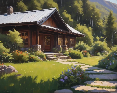 summer cottage,house in the mountains,home landscape,cottage,house in mountains,alpine village,little house,small cabin,house in the forest,the cabin in the mountains,alpine meadow,small house,summer meadow,mountain huts,lonely house,countryside,green meadow,alpine pastures,mountain meadow,wooden house,Conceptual Art,Oil color,Oil Color 12