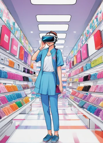 virtual,vr,virtual world,virtual reality,consumerism,vr headset,shopping icon,cyan,augmented reality,retail,browsing,book store,cyber glasses,computer store,convenience store,virtual reality headset,bookstore,oculus,apple store,cyberspace,Illustration,Japanese style,Japanese Style 04