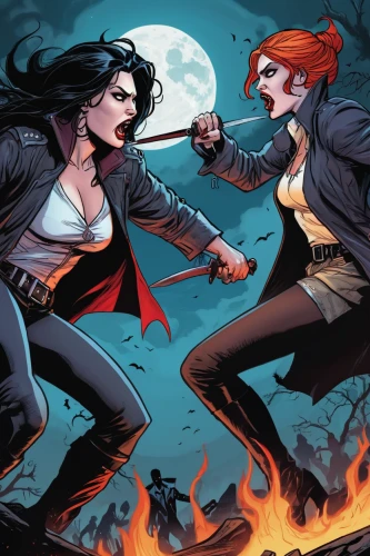 wonder woman city,birds of prey,bad girls,birds of prey-night,vampires,girlfriends,super heroine,sword fighting,girl power,confrontation,woman power,vampire woman,red hood,clary,fighting poses,witches,thriller,stage combat,conflict,strong women,Illustration,American Style,American Style 13