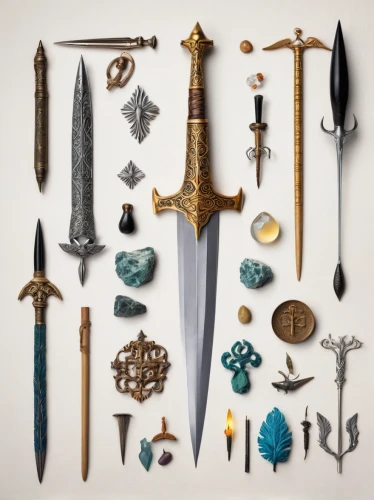 collected game assets,swords,king sword,weapons,scabbard,set of icons,fairy tale icons,trinkets,sword,massively multiplayer online role-playing game,heroic fantasy,writing accessories,eight treasures,knight armor,crown icons,armour,assortment,mobile video game vector background,ethereum icon,icon set,Unique,Design,Knolling