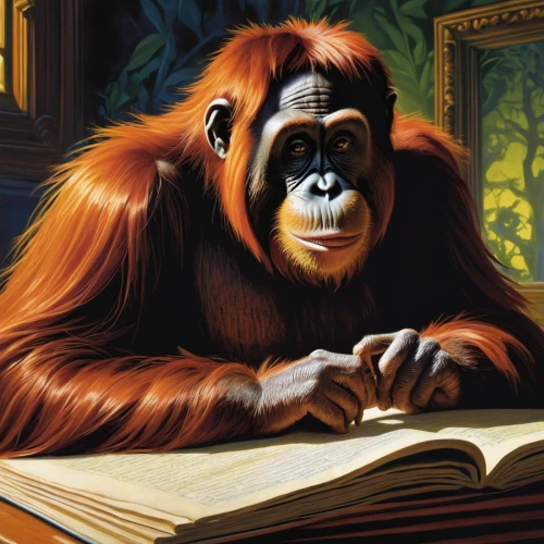 orangutan,orang utan,primate,barbary ape,ape,great apes,primates,gorilla,chimpanzee,monkey island,anthropomorphized animals,content writers,barbary monkey,reading,relaxing reading,read a book,child with a book,writing-book,chimp,golden lion tamarin,Conceptual Art,Daily,Daily 16